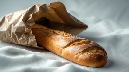 Poster - French baguette in kraft paper bag on white background