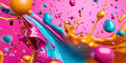 Fototapete - Vibrant Abstract Fluid Art with Colorful Swirls and Splashes in Vivid Shades of Pink, Blue, and Orange for Creative Design and Artwork