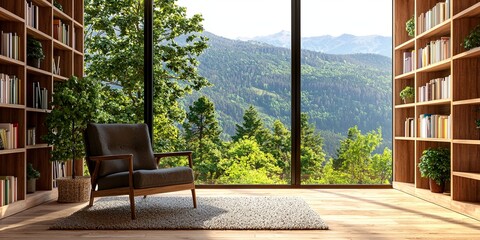 Fototapete - Cozy library with wooden bookshelves, armchair, and large window overlooking serene mountain landscape and green trees during daytime