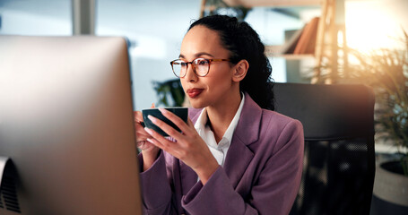 Poster - Businesswoman, computer and coffee in office with glasses, morning routine and reading new email. Professional, reflection or mug in workplace for article review, research or journalist at technology