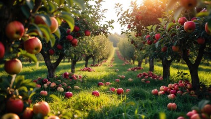 Poster - Harvest-ready apples on orchard trees in autumn scenery