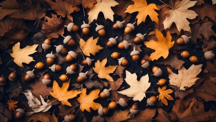 Aufkleber - Autumn scene with dry fallen leaves and acorns in a natural forest setting, symbolizing harvest season, flat lay