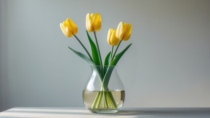 Poster - Transparent vase on the table with yellow tulips