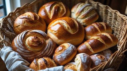 Poster - A selection of freshly baked bread, pastries, and rolls artfully arranged in a woven basket.
