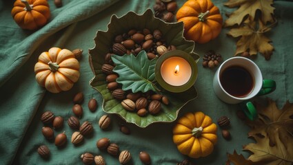 Poster - Fall harvest flat lay arrangement with pumpkins, maple leaves, and coffee cup on rustic textile surface