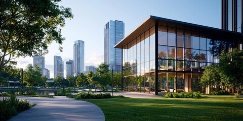 Leinwandbilder - Modern cityscape with glass buildings reflecting the sky and urban environment, showcasing contemporary architecture and innovative design elements.