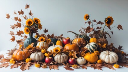Poster - Fall-themed arrangement with pumpkins, leaves, and harvest objects on a white backdrop