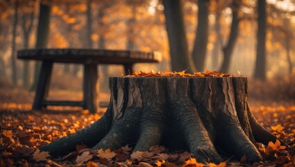 Poster - Autumn foliage scattered on the ground near a wooden tree trunk table with a forest scenery backdrop.