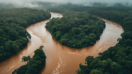 Poster - Bird's-eye perspective of the Amazonas river flowing through lush jungle canopy