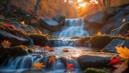Poster - Autumn mountain cascade with flowing stream, colorful dry leaves, and natural landscape