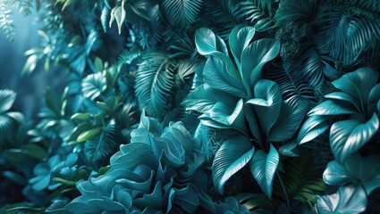 Poster - Nature-inspired abstract pattern with vibrant leaf textures and blue tones