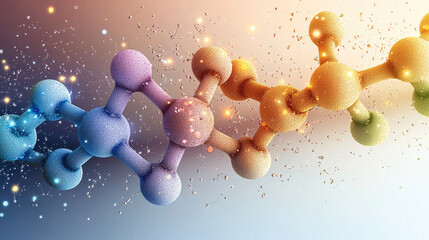 Poster - colorful molecular structure with spheres representing atoms connected by bonds, showcasing blend of science and art. vibrant colors create dynamic visual effect