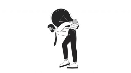 Poster - Professional black man carrying giant light bulb on back outline hand drawn 2D character animation. Businessman struggling with lightbulb animated person handdrawn isolated. Doodle drawing 4K video