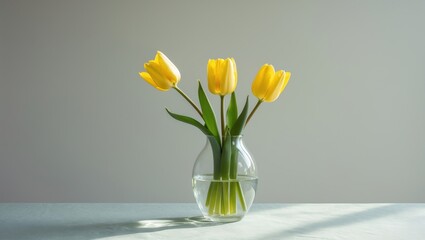 Poster - Yellow tulips arranged in a transparent vase atop the table
