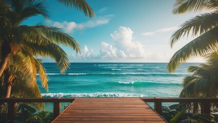 Wall Mural - summer scene featuring tropical sea, waves, palm leaves, and blue sky with clouds, showcasing a perf