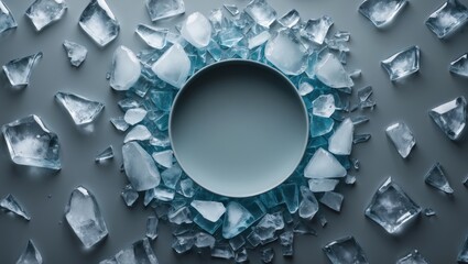 Poster - Crushed ice frame against a wintery background, top-down view with space for text