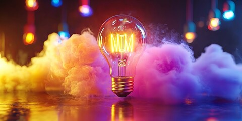 Leinwandbilder - Explosion of Colorful Smoke Around Isolated Light Bulb on Dark Background for Creative Energy Inspiration and Light Conceptual Imagery