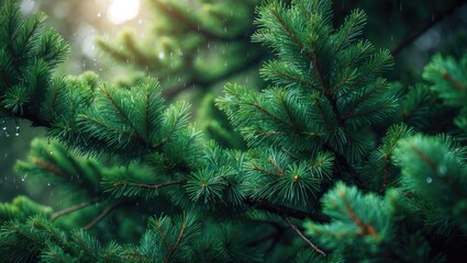 Poster - Elegant winter scene featuring a blue spruce conifer branch with lush green foliage and textured background