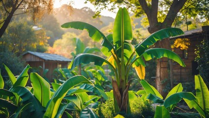 Poster - Landscape of a vibrant banana plant illuminated by sunlight with abstract background patterns and geometric textures