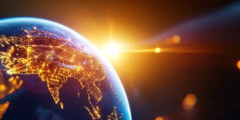 Fototapete - Vibrant Digital Earth in Space with Network Connections Illustrating Connectivity and Technology Overlays at Night from a Satellite Perspective