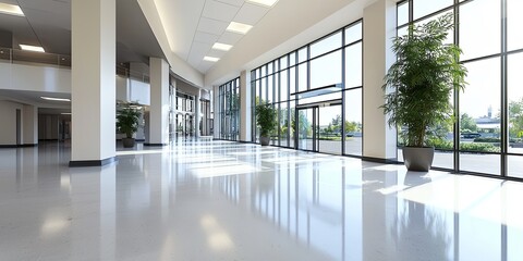 Fototapete - Bright and Spacious Modern Interior of an Empty Lobby with Large Windows Reflecting Natural Light in a Contemporary Building Design