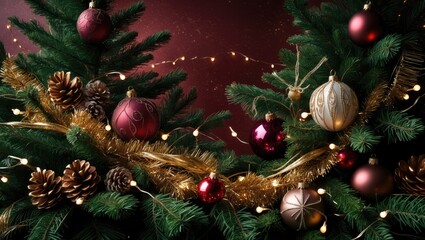 Poster - Holiday-themed fir branches decorated with balls and lights on a glittering backdrop