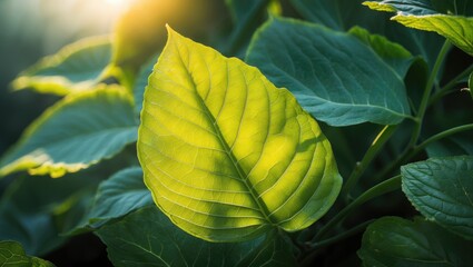 Poster - A stunning yellow-green leaf illuminated by sunlight with detailed plant structure and textured background in macro photography.