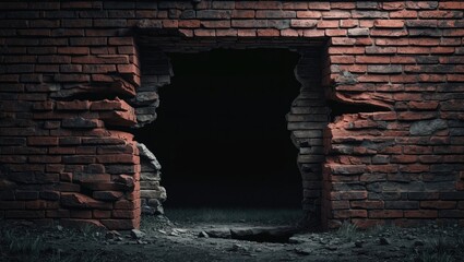 Aufkleber - Damaged brick wall with an open field behind it
