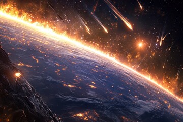 Wall Mural - meteor shower illuminates the night sky above earth from the perspective of outer space, a meteor sh