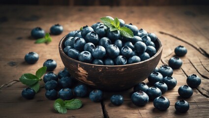 Aufkleber - Juicy blueberries served in a wooden bowl with a summer theme