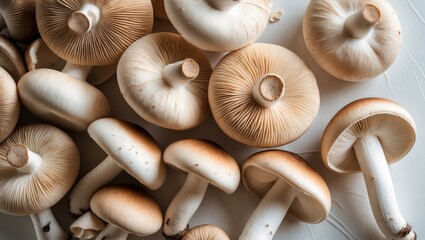 Aufkleber - Fresh porcini mushrooms arranged on a white surface with soft focus, top view