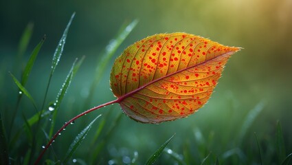 Poster - Vibrant orange leaf with red spots showcasing nature's texture