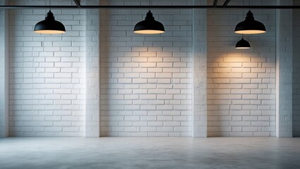 Aufkleber - Interior of a brick and concrete room featuring three ceiling lamps