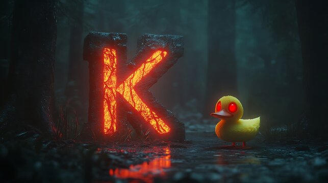 Glowing letter K with a mysterious duck in a dark atmosphere