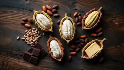 Poster - Cacao fruit surrounded by fresh and dried beans, with butter and chocolate products, viewed from above with copy space
