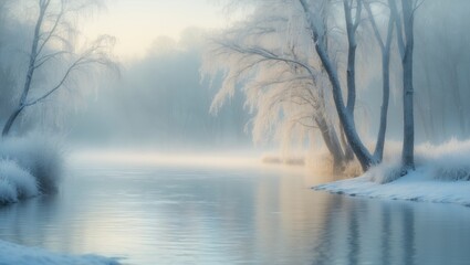 Aufkleber - Frozen winter scenery with reflective water and frosted trees in a tranquil landscape