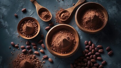 Poster - Cocoa powder and beans in bowls on a dark background