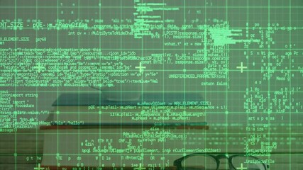 Poster - Green code overlay animating across wooden desk, showing silver laptop, white mouse, black glasses