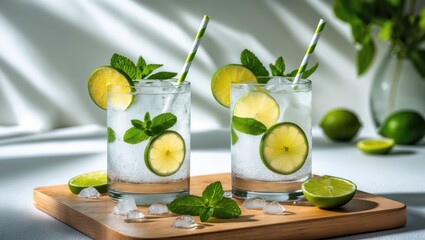 Aufkleber - Two glasses of refreshing mojito cocktail with lemon, lime, mint, and ice on a wooden board