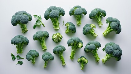 Aufkleber - Broccoli vegetable pattern isolated on a white background with various parts of broccoli flower, top view.