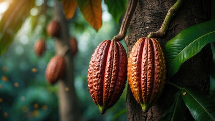 Aufkleber - Close-up of cocoa pods on cacao tree branch with blurred natural background