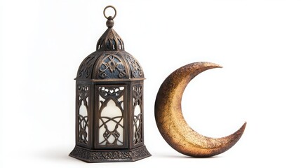 Poster - Isolated Eid decor: lantern and crescent moon on a white backdrop.