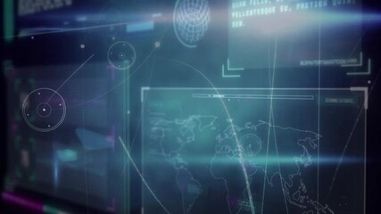 Poster - World map hologram projecting targeting reticles, waveform graphs, gridlines, glowing progress bars