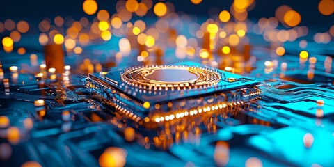 Aufkleber - Close-up View of a Microprocessor Surrounded by a Complex Circuit Board Design in Vibrant Blue Tones Showcasing Technology and Innovation