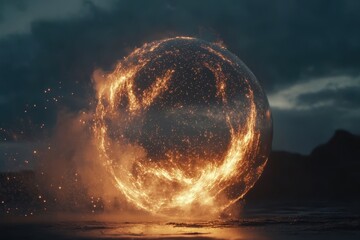 Poster - Futuristic particle wave object glowing in slow motion against a dramatic backdrop, Futuristic video with particle wave object in slow motion
