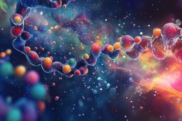 Poster - Molecules spinning over a dna strand in a colorful cosmic environment, molecules over dna strand spinning