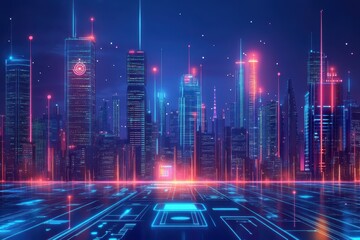 Poster - Technology City features glowing skyscrapers and vibrant digital landscape showcasing the Internet of Things, Technology City Internetï¼ŒIOTï¼ŒScience and Technology Building