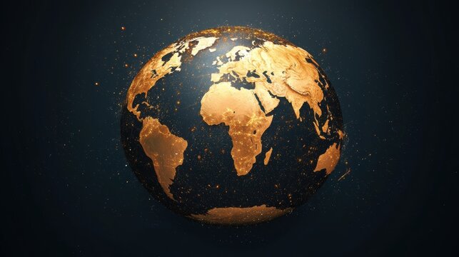 A 3D rendering of Earth with gold continents and oceans against a dark blue background.
