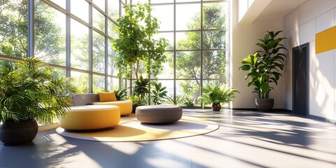 Fototapete - Modern Office Interior Featuring Stylish Lounge Area with Large Windows and Natural Light, Reflecting a Contemporary and Inviting Work Environment