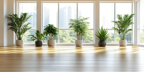 Leinwandbilder - Modern open office space with wooden floor, large windows, green plants, and minimalist furniture for a contemporary work environment and inspiration